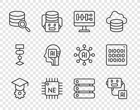Set line Graduation cap, Artificial intelligence robot, Algorithm, Processor CPU Stock-Illustration