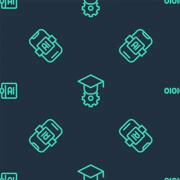 Set line Graduation cap, Artificial intelligence AI and Binary code on seamless Stock Illustration
