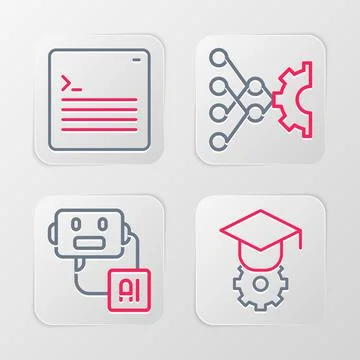 Set line Graduation cap, Artificial intelligence robot, Neural network and We 스톡 일러스트