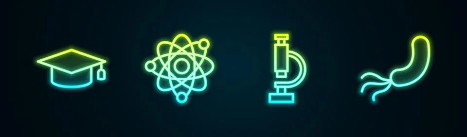 Set line Graduation cap, Atom, Microscope and Bacteria. Glowing neon icon. .. Illustration
