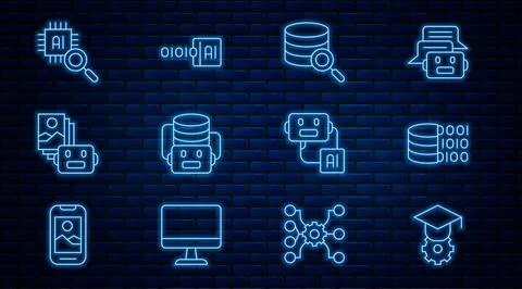 Set line Graduation cap, Binary code, Server, Artificial intelligence robot Stock Illustration