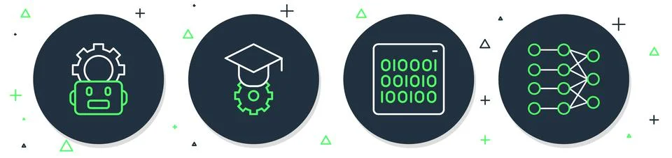 Set line Graduation cap, Binary code, Robot setting and Neural network icon Stock Illustration