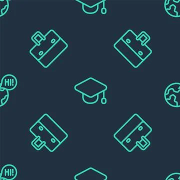Set line Graduation cap, Briefcase and Learning foreign languages on seamless Stock Illustration