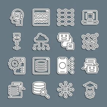 Set line Graduation cap, Chat bot, Neural network, Network cloud connection 库存插图