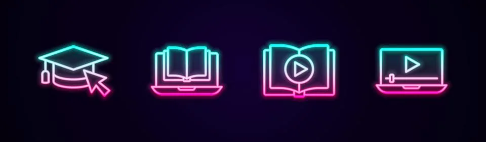 Set line Graduation cap with cursor, Online class, Audio book and play video. Stock Illustration