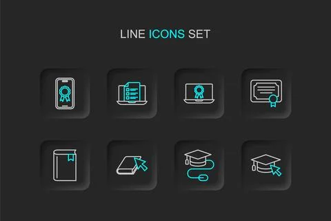 Set line Graduation cap with cursor, mouse, Online book, Book, Certificate .. Stock Illustration