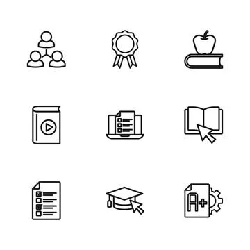 Set line Graduation cap with cursor Online book Exam sheet A plus grade quiz  Stock Illustration