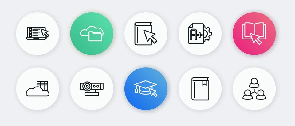 Set line Graduation cap with cursor, Online book, Cloud online library, Boo.. Stock Illustration