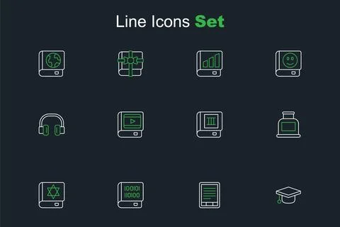 Set line Graduation cap, E-Book reader, Books about programming, Jewish tor.. 库存插图