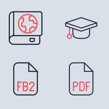 Set line Graduation cap, FB2 File, PDF file document and Earth globe and bo.. Stock Illustration