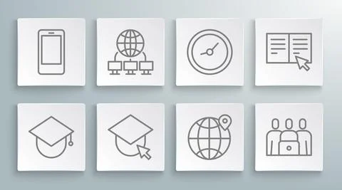 Set line Graduation cap on globe, Computer network, Location the, Online class Stock Illustration