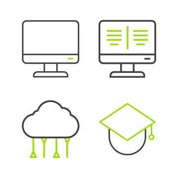 Set line Graduation cap on globe, Network cloud connection, Online book monit Stock Illustration