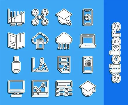 Set line Graduation cap on globe, Mobile phone, Laptop, Cloud or online libra Stock Illustration