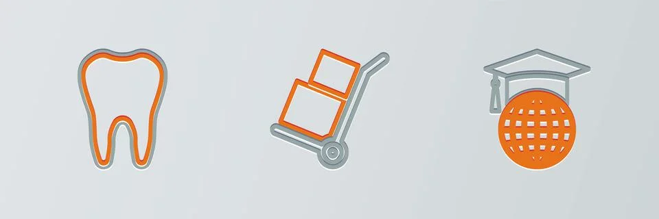 Set line Graduation cap on globe, Tooth and Hand truck and boxes icon. Vector Ilustración de archivo
