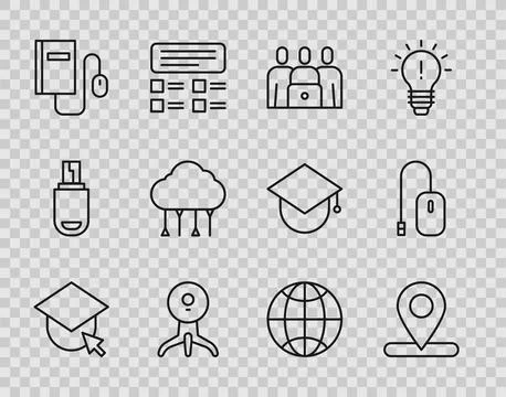 Set line Graduation cap on globe, Location, Online class, Web camera, Electronic 스톡 일러스트