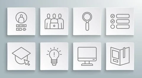Set line Graduation cap on globe, Online class, Light bulb with concept of .. Stock Illustration