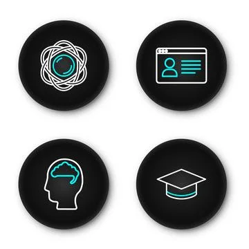 Set line Graduation cap, Human brain, Online class and Atom icon. Vector Ilustración de archivo