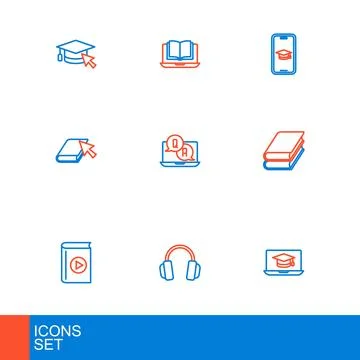 Set line Graduation cap on laptop, Headphones, Audio book, Book, Online, Qu.. Illustrazione stock