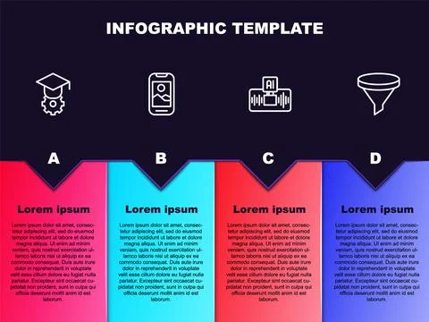 Set line Graduation cap, Mobile phone, Artificial intelligence AI and Funnel or Stock Illustration