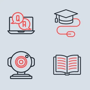 Set line Graduation cap with mouse, Web camera, Open book and Question and .. Stock Illustration