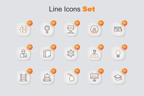 Set line Graduation cap, Online class, Pear, School backpack, Abacus, Creat.. Stock Illustration