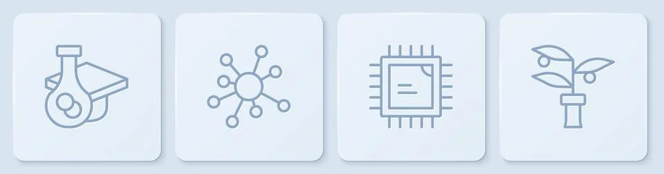 Set line Graduation cap, Processor CPU, Molecule and Plant breeding. White 库存插图