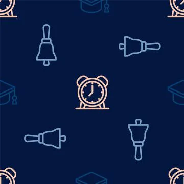 Set line Graduation cap, Ringing bell and Alarm clock on seamless pattern Stock Illustration
