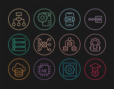 Set line Graduation cap, Robot setting, Artificial intelligence AI, Neural Stock Illustration