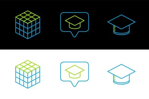 Set line Graduation cap, Rubik cube and in speech bubble icon. Vector Stock Illustration