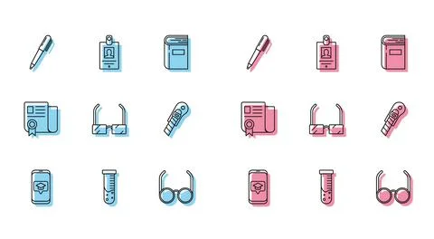 Set line Graduation cap on screen smartphone, Test tube and flask chemical la Illustrazione stock