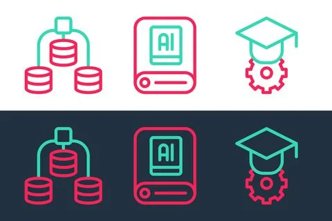 Set line Graduation cap, Server, Data and Artificial intelligence AI icon. Ve Stock Illustration