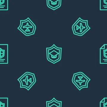 Set line Graduation cap with shield, Plane and Contract on seamless pattern Stock Illustration