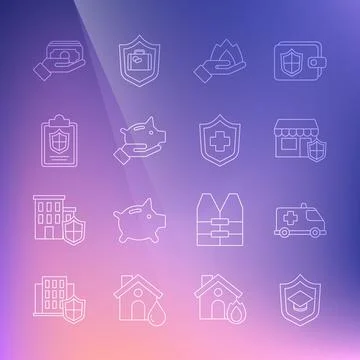Set line Graduation cap with shield, Emergency car, Shopping building, Hand Ilustración de archivo