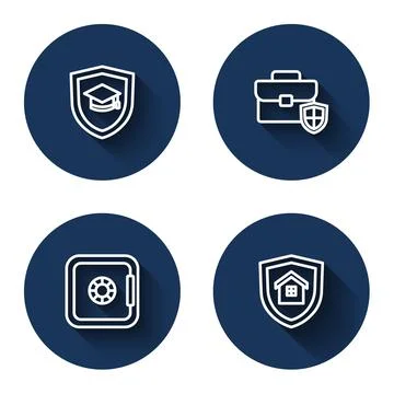 Set line Graduation cap with shield, Briefcase, Safe and House with long shadow Stock Illustration