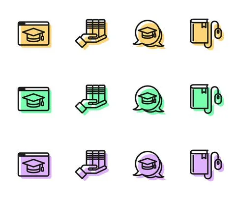 Set line Graduation cap in speech bubble, Online education, Book donation and Stock Illustration