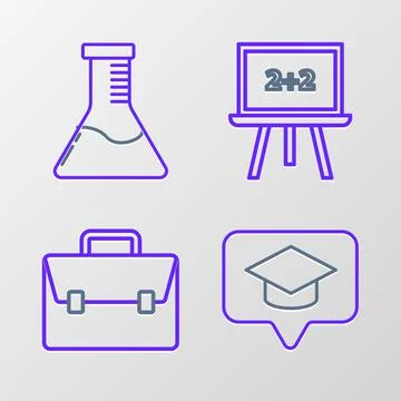 Set line Graduation cap in speech bubble, Briefcase, Chalkboard and Test tube Stock Illustration