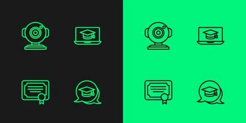 Set line Graduation cap in speech bubble, Certificate template, Web camera and Stock Illustration