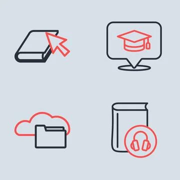 Set line Graduation cap in speech bubble, Cloud or online library, Audio bo.. 스톡 일러스트