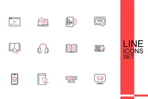 Set line Graduation cap in speech bubble, Web camera, Online book, educatio.. Stock Illustration