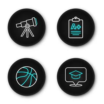 Set line Graduation cap in speech bubble, Basketball ball, Exam sheet with .. Stock Illustration