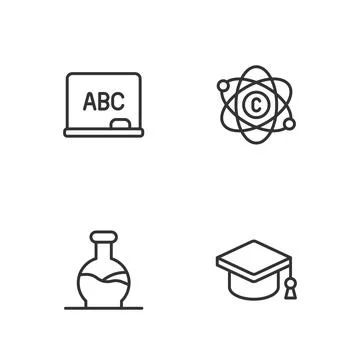 Set line Graduation cap, Test tube, Chalkboard and Atom icon. Vector Illustrazione stock