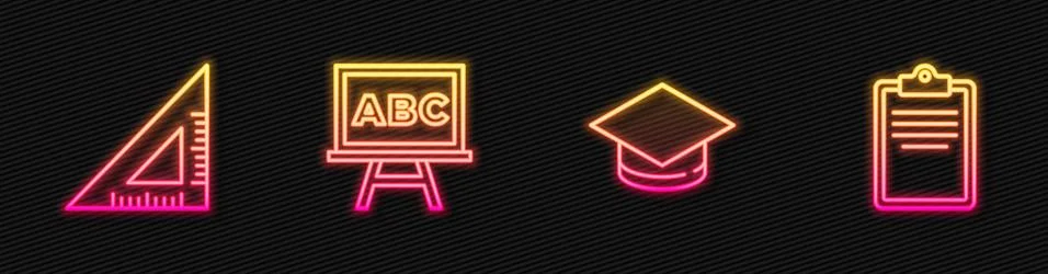 Set line Graduation cap, Triangular ruler, Chalkboard and Clipboard with Stock Illustration