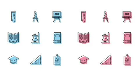 Set line Graduation cap, Triangular ruler, Test tube and flask chemical Stock Illustration