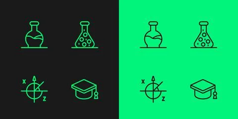 Set line Graduation cap, Trigonometric circle, Test tube and icon. Vector Иллюстрация
