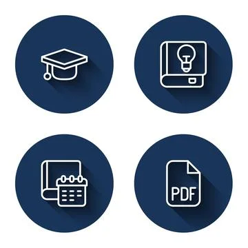 Set line Graduation cap, User manual, Daily paper notepad and PDF file document Stock Illustration