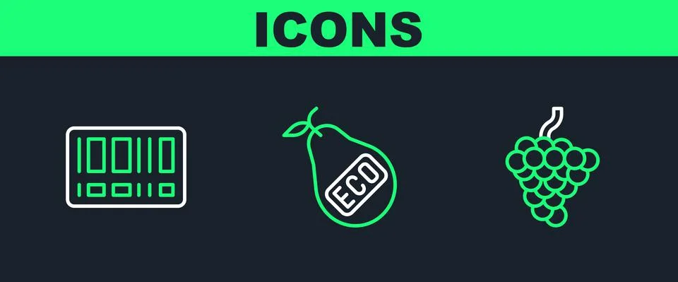 Set line Grape fruit, Barcode and Healthy organic pear icon. Vector Illustrazione stock