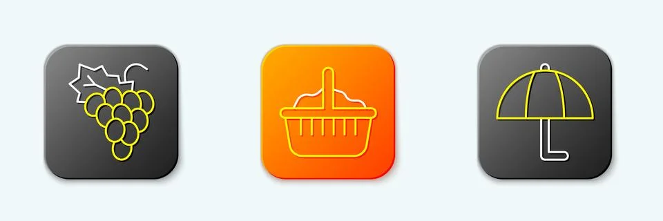 Set line Grape fruit, Basket and Umbrella icon. Vector Stock Illustration