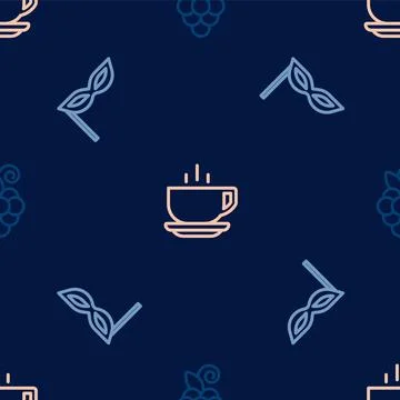 Set line Grape fruit, Carnival mask and Coffee cup on seamless pattern. Vector イラスト素材