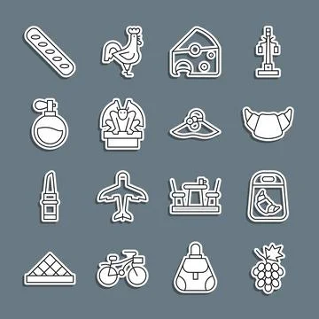 Set line Grape fruit, Croissant package, Cheese, Gargoyle on pedestal, Perfume Stock Illustration