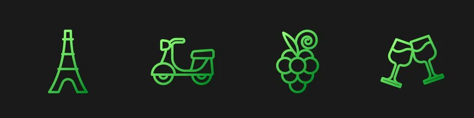 Set line Grape fruit, Eiffel tower, Scooter and Wine glass. Gradient color icons Stock Illustration